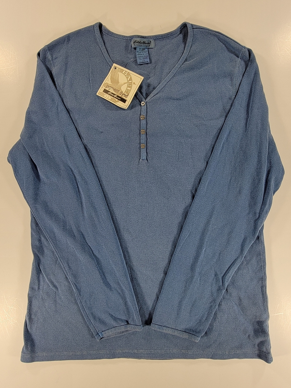 Eddie Bauer Women's Large Blue Knit Button Henley Top Shirt Vintage Made In USA